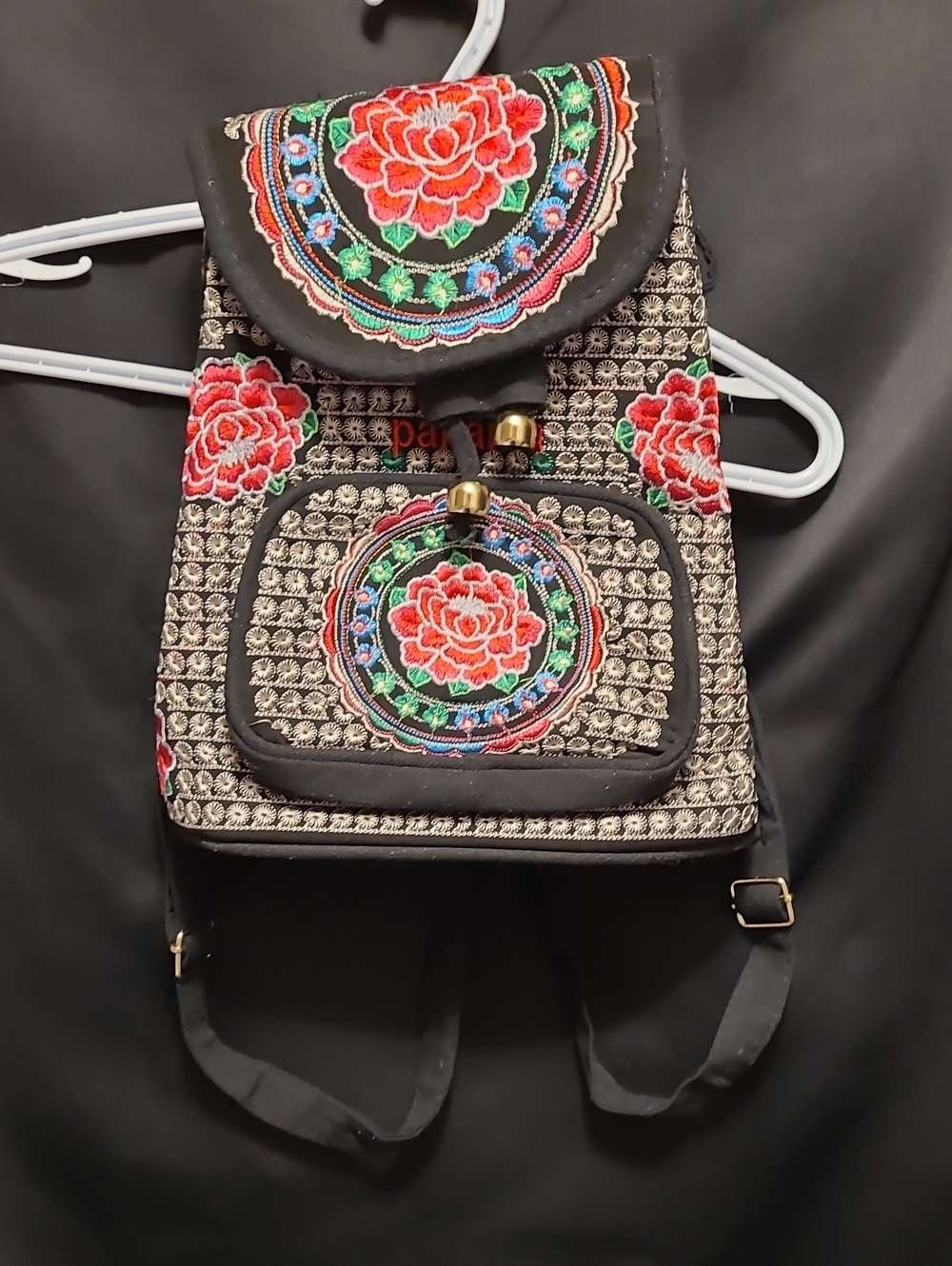 Embroidered Floral Black Canvas Backpack - Stylish Women’s Shoulder Bag